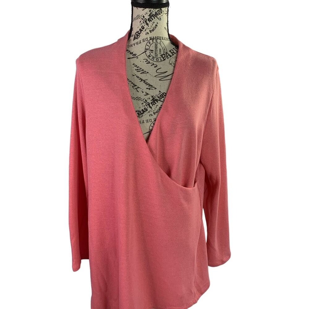 Soft surroundings Women's Large Pink Top Plunging Crisscross Neckline L/S Blouse